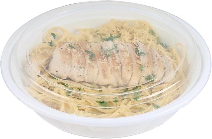 Restaurantware Asporto 48 Ounce To Go Boxes 100 Microwavable Take Out Food Containers - Clear Plastic Lids Included Do Not Contain BPA White Plastic Catering Food Containers Disposable Round
