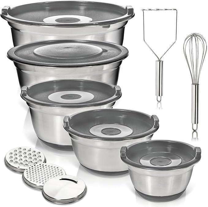 WHYSKO® Stainless Steel Mixing Bowls With Lids Plus Stainless Steel Whisk, Potato Masher and Grater Lids, 5 Nesting Mixing Bowls And Kitchen Tools for Meal Prep, Cooking, Baking, Serving, Food Storage