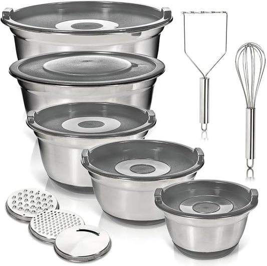 WHYSKO® Stainless Steel Mixing Bowls With Lids Plus Stainless Steel Whisk, Potato Masher and Grater Lids, 5 Nesting Mixing Bowls And Kitchen Tools for Meal Prep, Cooking, Baking, Serving, Food Storage