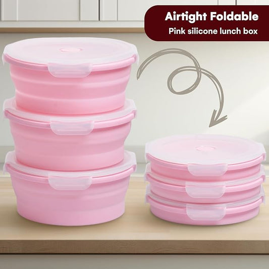 Vdomus Collapsible Food Storage Containers - Leak Proof, Microwave Safe - 40.5oz/1.2L Airtight Silicone Food Containers - Meal Prep Collapsible Bowls with Lids - Set of 3 - Pink