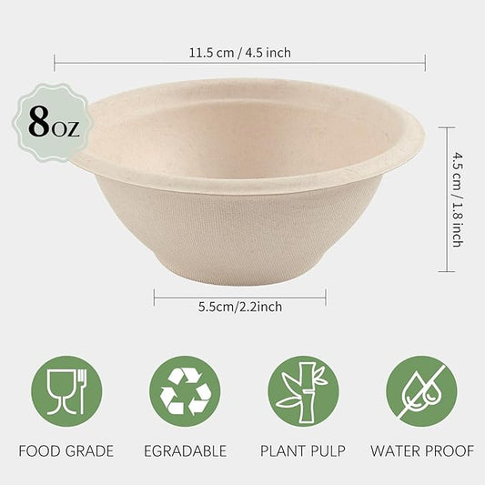 150 Pack 8 oz Paper Bowls Disposable Small Compostable Soup Bowls Natural Sugarcane Biodegradable Bowls for Ice Cream, Desserts, Pet Food