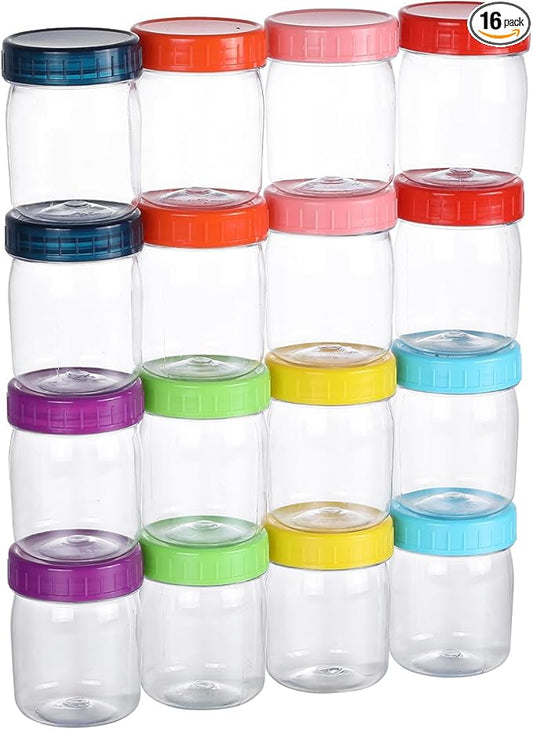 novelinks 8oz Plastic Jars With Lids Colorful Lid Mason Jars 16 Pack 8 oz Plastic Containers With Lids For Diy Food Milkshake Salads Snake Jams Spices (16)