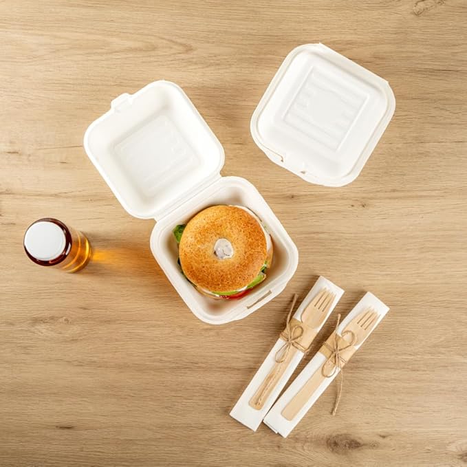 Restaurantware Pulp Safe No PFAS Added 15 Ounce Clamshell Boxes 100 Disposable Containers - Home Compostable Microwavable And Freezable White Bagasse Containers With Built-In Hinged Lid