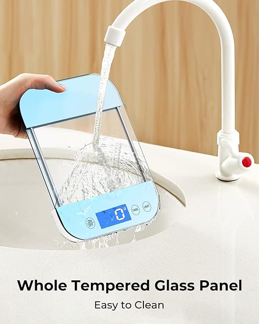 AZC Rechargeable Food Scale Digital Weight Grams and Oz, [Max 33lb Min 5g], Full Waterproof Temepered Glass Panel, Crystal Clear Design for Kitchen Scale, Clear Blue