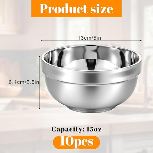 10Pcs 5 Inch Stainless Steel Bowls 15 Oz Double Walled Insulated Soup Bowls Unbreakable Snacks Bowl Salad Bowl for Sauces, Rice, Noodle, Ice Cream, Dishwasher Safe
