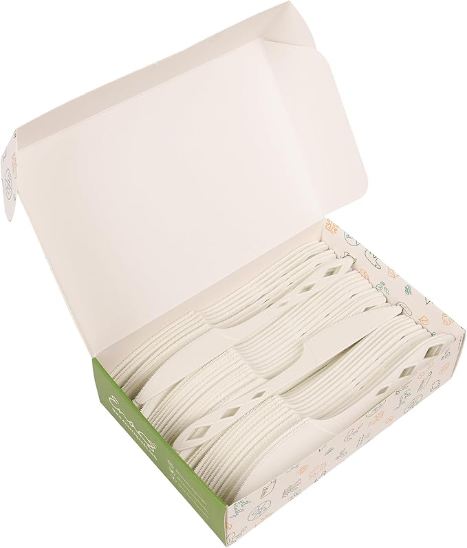 100% Compostable Non Plastic Knives [100 Pack] CPLA Disposable Knives. Non Plastic Silverware Set. Eco-Friendly Cutlery, Off White Flatware, Extra Sturdy Utensils, by Earth's Natural Alternative