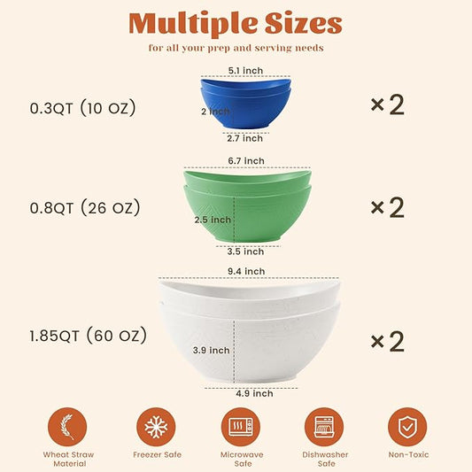 Homienly Wheat Straw Bowls Sets 6 Pieces, Wheat Straw Salad Bowls, Multi-Size Bowls for Kitchen, Camping, Mixing, Unbreakable Bowl Set for Salad, Snack,Cereal, Fruit, Microwave Safe (Island Theme)