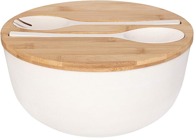GEHE Bamboo Salad Bowl with Servers Set - Large 9.8 inches mixing bowls Solid Bamboo Salad Wooden Bowl with Bamboo Lid Spoon for Fruits,Salads and Decoration (White, 9.8INCH)