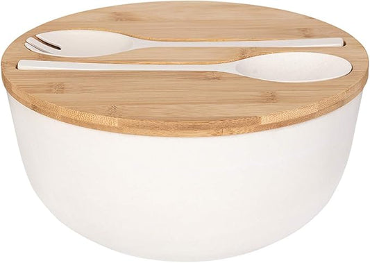 GEHE Bamboo Salad Bowl with Servers Set - Large 9.8 inches mixing bowls Solid Bamboo Salad Wooden Bowl with Bamboo Lid Spoon for Fruits,Salads and Decoration (White, 9.8INCH)