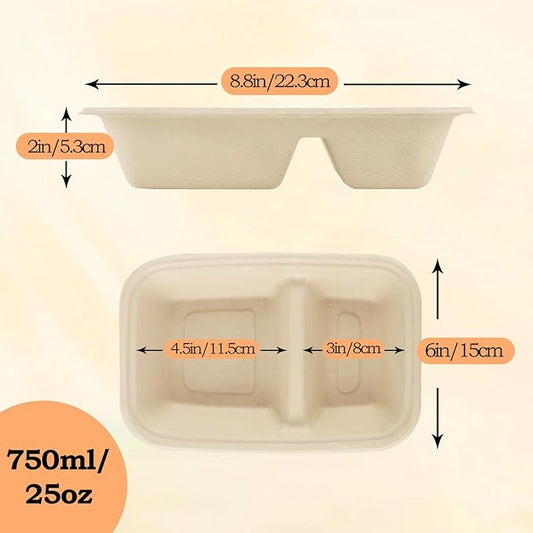 100PCS 2 Compartment Paper Bowls Disposable Meal Prep Containers Paper 2 Compartments Paper Chip and Dip Bowls for Nacho, Cheese, Chip and Salsa, Microwavable