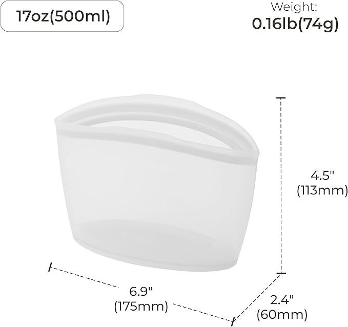 Platinum Silicone Food Grade Reusable Storage Bag, 2.1Cup Leak-Proof Airtight Seal, BPA-Free, Microwave, Freezer & Dishwasher Safe, Heat Resistant Sous Vide,Silicone Snack Bags, White