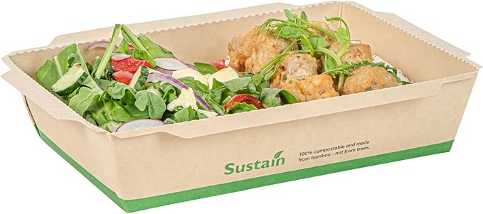 Restaurantware-Sustain 34 Ounce Sturdy Paper Take Out Boxes, 200 Disposable Take Out Food Containers - With PLA lining, Lids Sold Separately, Bamboo Paper Containers, Compostable, Click-Lock Design