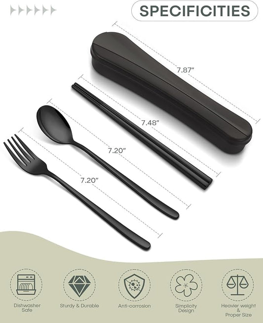 2 Pack Travel Utensils with Case, PHILIPALA Portable Reusable Silverware Set for Lunch Work Picnic, 18/8 Stainless Steel Camping Cutlery Set Includes Fork Spoon Chopsticks(Black)