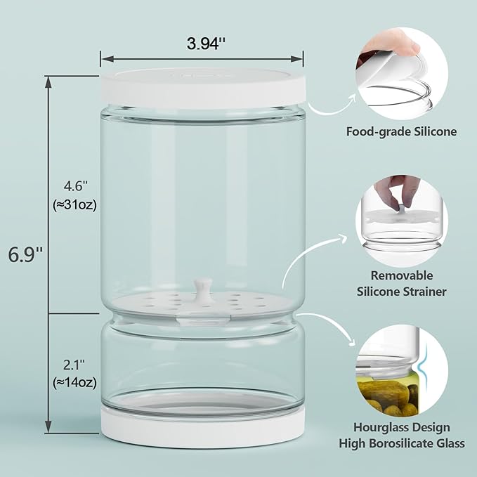 Glass Pickle Jar with Strainer for Pickle Lover - 45 Oz Leakproof and Airtight Juice Separator for Olive, Gherkin, Chilli, BPA Free, Dishwasher and Refrigerator Safe (White&Green, 45oz*2pcs)