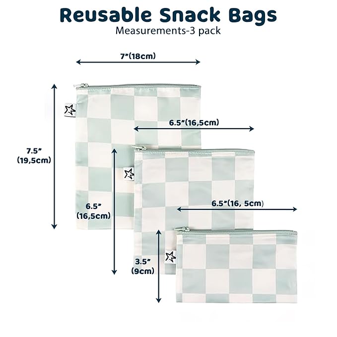 Tiny Twinkle 3 Pack Reusable Snack Bags - Machine Washable, PFAS, PVC, BPA, Phthalate-Free Reusable Baby and Toddler Food Safe Snack Bags (Sage Checkers)