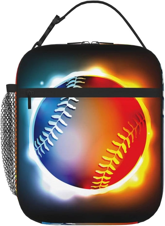 SARA NELL Cool Growing Fireball Lunch Box Baseball Lunch Bag Insulated Reusable Portable Lunch Tote Cooler Bag for Women Men Teens Kids, Office Work School Travel Lunchbox