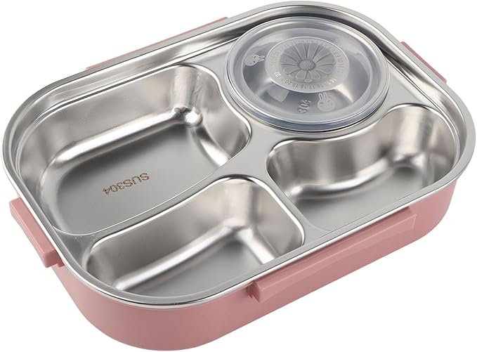 Raguso Boxs Dinnerware 4?Grid Lunch Box Stainless Steel Meal Prep Containers,for Canteens Office Family Food Storage Container (Four-compartment lunch box with soup bowl: pink)