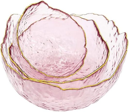 3-Pack Glass Bowls for Kitchen Prep, Nesting Space Saving Set of Bowls, Pink Crystal Bowl Set, Irregular Shape Glass Bowl For Salad,Ice Cream, Cereal,Dessert, Freezer Safe (Light Pink)