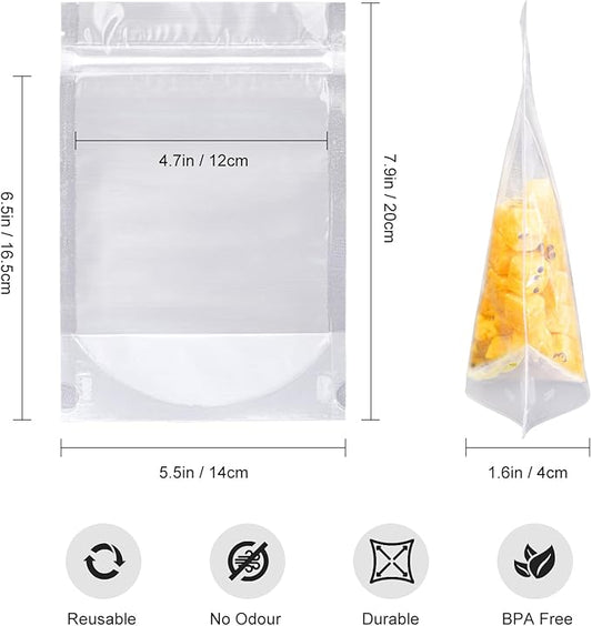 50 Pcs 7.9"X5.5" Clear Stand Up Zipper Seal Bgas,Reuseable Ziplock Plastic Pouch for Food Storage, Transparent Sealing Food Pouches Snack Packing,Cookie,Snack,Spices,Pet Food and Drinking