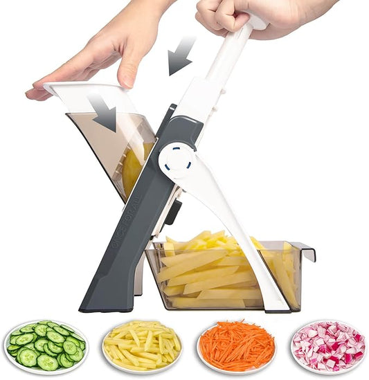 Safe Mandoline Vegetable Chopper With Container for Kitchen, Professional, More with 30+ Presets & Thickness Adjuster, Faster Food Slicer Gadgets for Onion,Potato - Gray