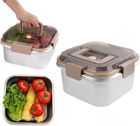 Food Storage Containers Outdoor 304 Stainless Steel Crisper Box Refrigerator Freezer Storage Box Fruit Seal Box Microwave Oven Heat-resistant (2200ML)