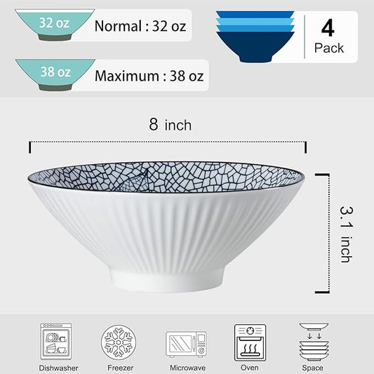 38 oz Japanese Ramen Bowls Set of 4, Large Pho Bowls, 8 Inch Ceramic Blue and White Soup Bowls, Leaf Pattern