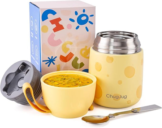 Thermo for Hot Food for Adults Kids | Wide Mouth, 18 oz Insulated Food Jar with Spoon, Leakproof Soup Thermo for School Office Travel, Thermal Steel Lunch Container Easy to Carry (Yellow)