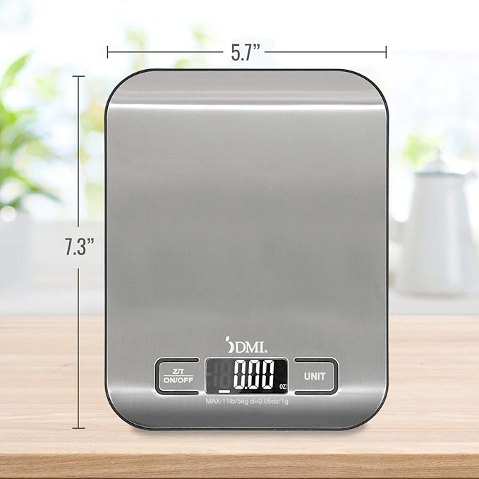 DMI Digital Food Scale and Kitchen Scale for Cooking, Baking and Meal Prep, Withstands up to 11 Pounds of Weight, Measures units between oz, g, mL, lb, oz, 304 Stainless Steel