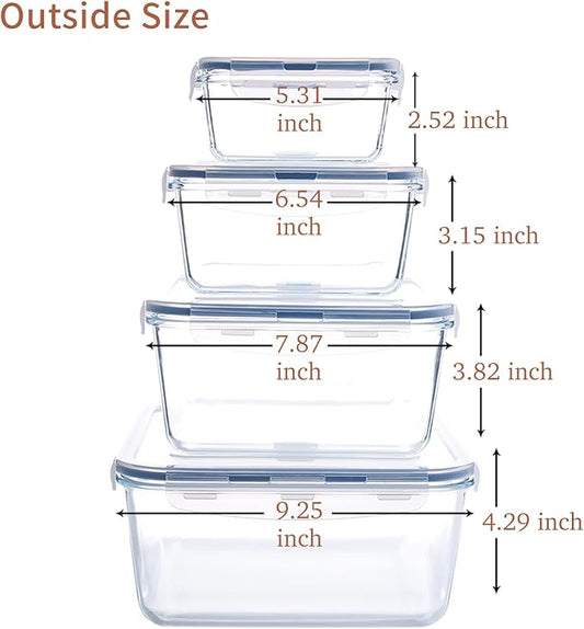 Extra Large Glass Storage Containers with Lids, Set-8-Piece Lunch Containers, Ideal for Storing Food, Vegetables, Fruits, Baking Cake & lot of other Tasty Food (Square)