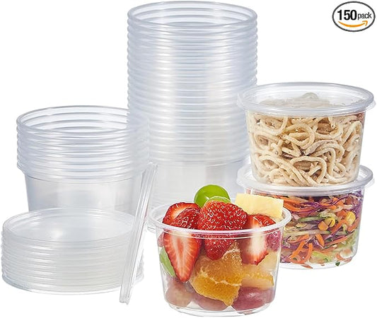 [150 Set - 16 oz. Plastic Deli Disposable Food Storage Containers With Airtight Lids