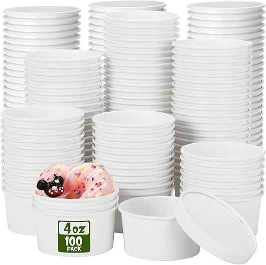 Fulmoon 100 Pack Paper Soup Containers with Lids Disposable Paper Food Containers with Vented Lids Kraft Ice Cream Bowls Soup Cup Ice Cream Cups for Restaurants(4 oz,White)