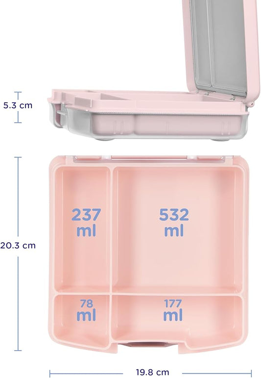 Ubbi Bento Lunch Box for Kids with 4 Compartments, BPA-Free, Leakproof, Dishwasher Safe, Food-Safe Material, Portion-Controlled Lunch Container, Kids Summer Camp, Blush Pink