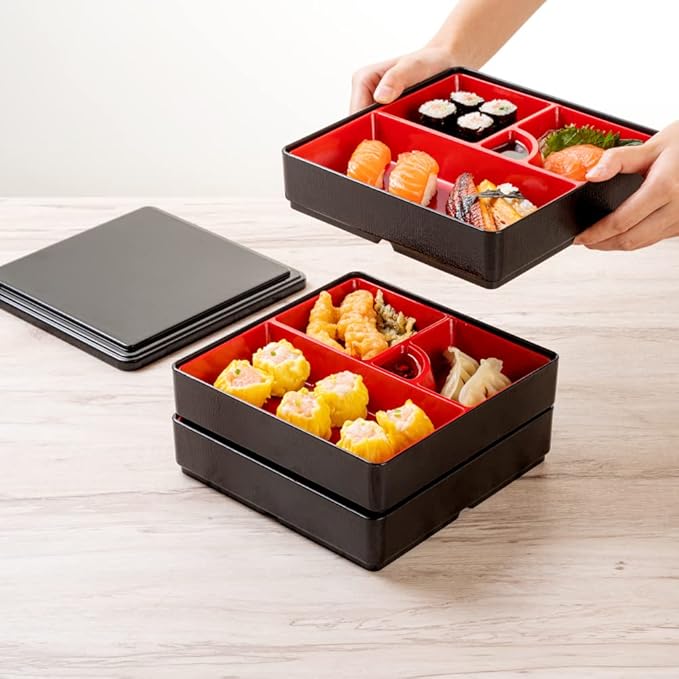 Restaurantware-8.3 x 5.9 Inch 5-Compartment Lunch Container, 1 Japanese Style Adult Lunch Container - 3 Stackable Layers, Black & Red Plastic Divided Lunch Box, Greaseproof, Hot & Cold Food