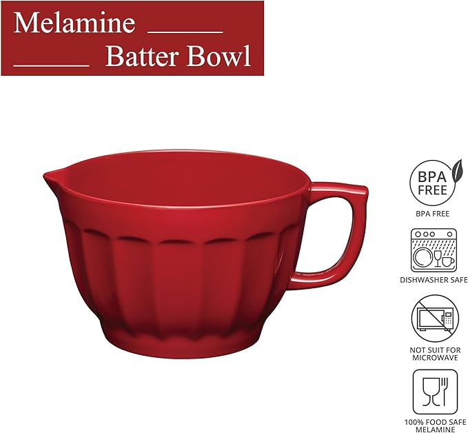 UPware Latte Style Melamine Batter Bowl with Pour Spout, Handle and Non-Slip Base, Grip Handle for Easy Mix and Pour, Home Essentials Cooking and Baking Tools, 4.3 quart, 11.5 x 8.75 Inch, Red