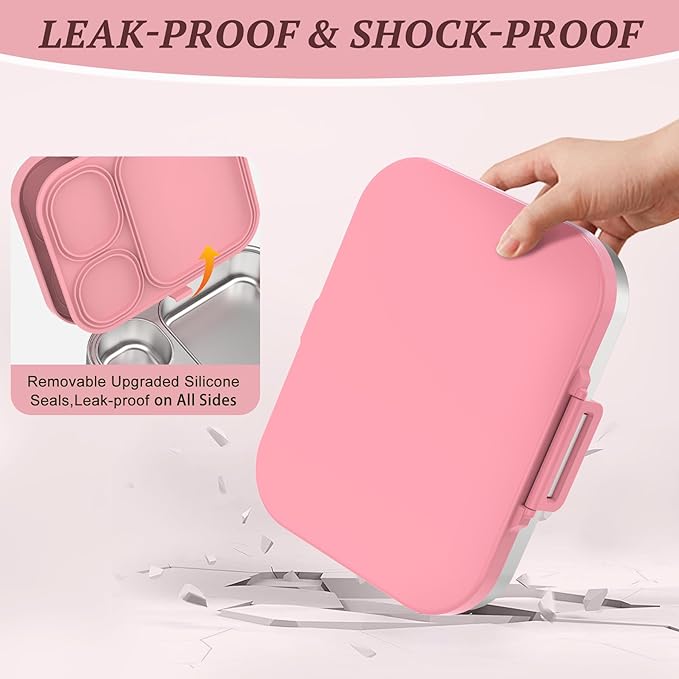 Stainless Steel Lunch Box, Leak-Proof with free sealing Bento Box 3 Compartments, Metal Lunchbox for Travel & Work, Eco-Friendly Meal Storage Solution Pink