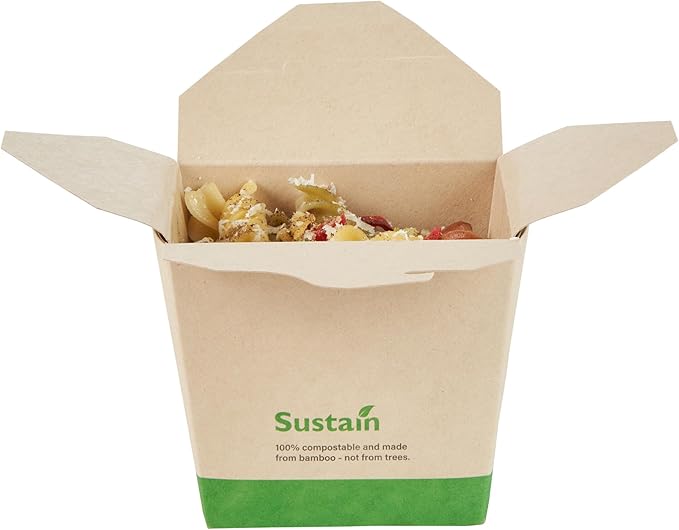 Restaurantware Sustain 16 Ounce Sturdy Paper Take Out Boxes, 50 Disposable Take Out Food Containers - With PLA lining, Compostable, Bamboo Paper Containers, Built-In Tab-Lock Cover, Greaseproof