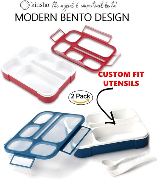 Bento Lunch Box for Kids: Leakproof Lunch Boxes, Snack Containers for Boys, Girls with 6 Compartments - School, Daycare, Meal Planning Portion Container, BPA-Free Boxes, Utensils, Red Navy Blue Set