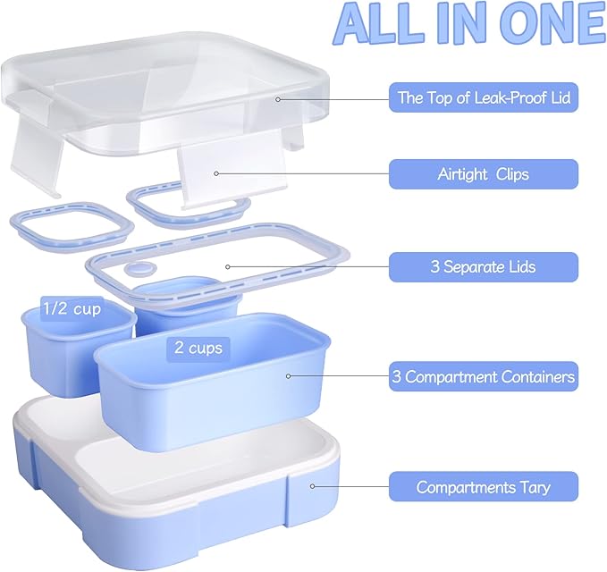 Genteen Bento Box for Kids, Kids Lunch Box with 3 Removable Compartments, Toddler Baby Lunch Box for Daycare, School, Leak-proof Lunch Snack Portion Container, Ideal Portion Size for Ages 3 to 7- Blue