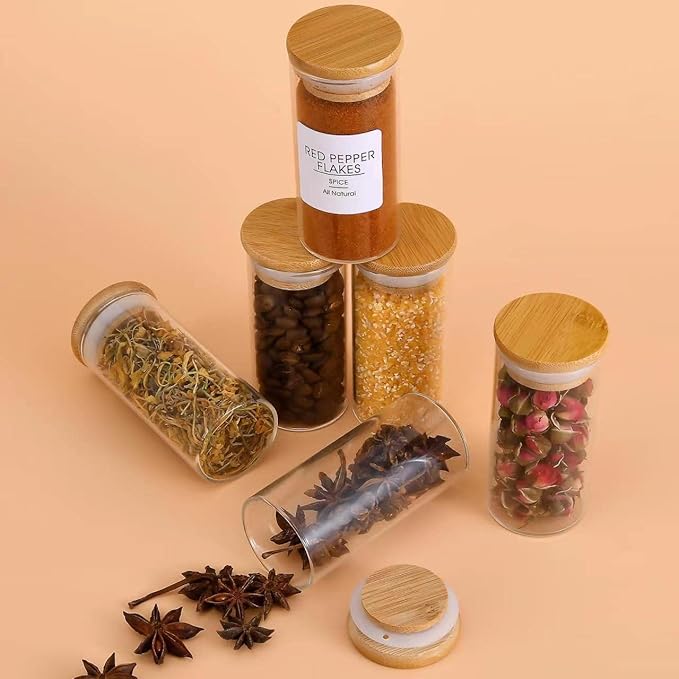 Spice Jars with Label, 20pcs 4 oz Glass Jars with Bamboo Airtight Lids, 200 Printed Spice Labels Waterproof Stickers for Seasoning Containers