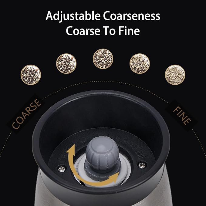 Electric Salt and Pepper Grinder Set with Safe Base, Automatic Mill by Gravity,Adjustable Coarseness with LED,Larger Rechargeable Battery,Easy filling,2 Pack Stainless Steel Kitchen Tools