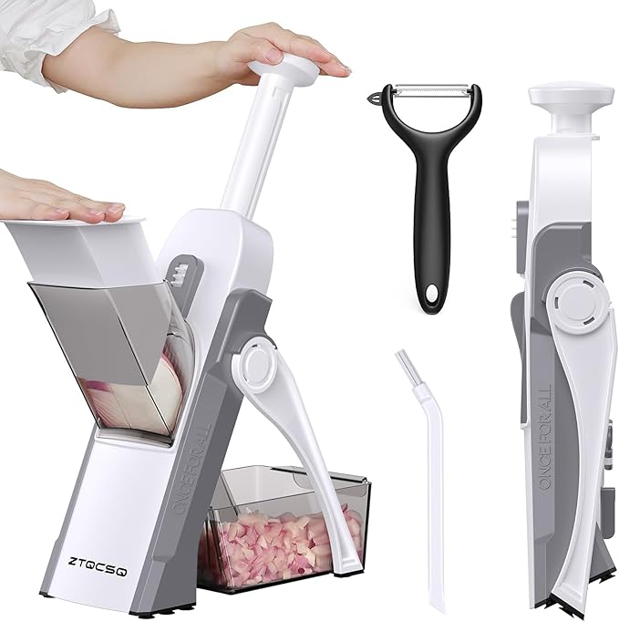 5 in 1 Safe Mandoline Slicer for Kitchen, Safe Vegetable Chopper with Paring Knife, Adjustable Thickness, Easy to Clean, Vegetable Slicer, Slicing, Strips, Shredding, Dicing, Chop (LightGray)