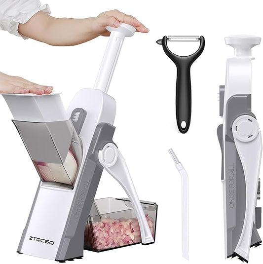 5 in 1 Safe Mandoline Slicer for Kitchen, Safe Vegetable Chopper with Paring Knife, Adjustable Thickness, Easy to Clean, Vegetable Slicer, Slicing, Strips, Shredding, Dicing, Chop (LightGray)
