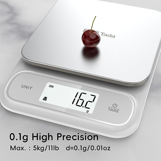 Tada 11lb Food Kitchen Digital Scale with 0.01oz/0.1g Precision IPX6 Waterproof, Type-C Charging, Ounces and Grams for Weight Loss, Cooking, Baking (White)