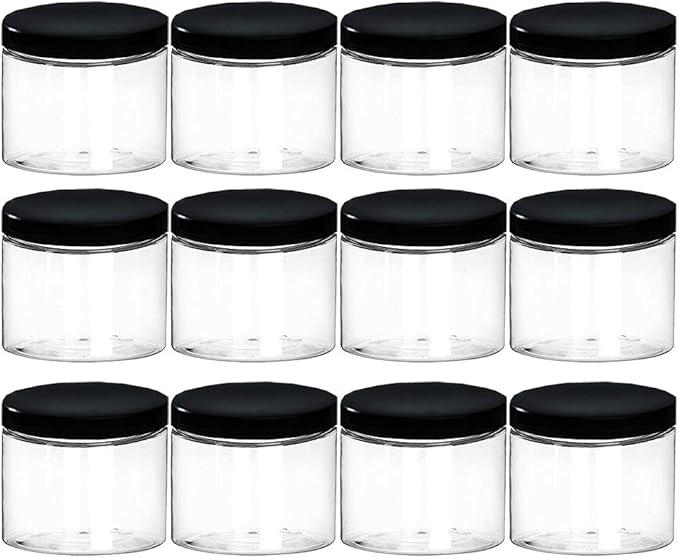 18.9oz (560 ml) Empty Clear Wide Mouth Plastic Jars with Smooth Black Lids and Labels (12 Pack) – PET Containers Great for Cream,Cosmetics,Slime Storage Jars –BPA Free