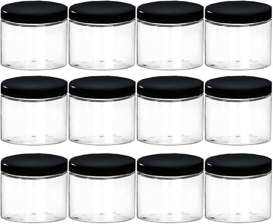 18.9oz (560 ml) Empty Clear Wide Mouth Plastic Jars with Smooth Black Lids and Labels (12 Pack) – PET Containers Great for Cream,Cosmetics,Slime Storage Jars –BPA Free