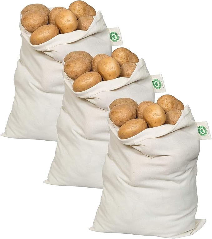 Potato Storage Bags for Pantry - Organic Cotton Potato Sacks - Washable Potato Keeper & Potato Holder with Drawstring - Root Vegetable Storage Sacks for Onion, Potato, Garlic (3 X Large - 14"x18")