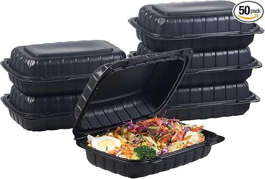 9X6 1-Compartment 50-Pack Plastic Clamshell Containers Food To Go Box Heavy Duty Disposable Hinged With Secure Snap Lid (Formerly FULING)