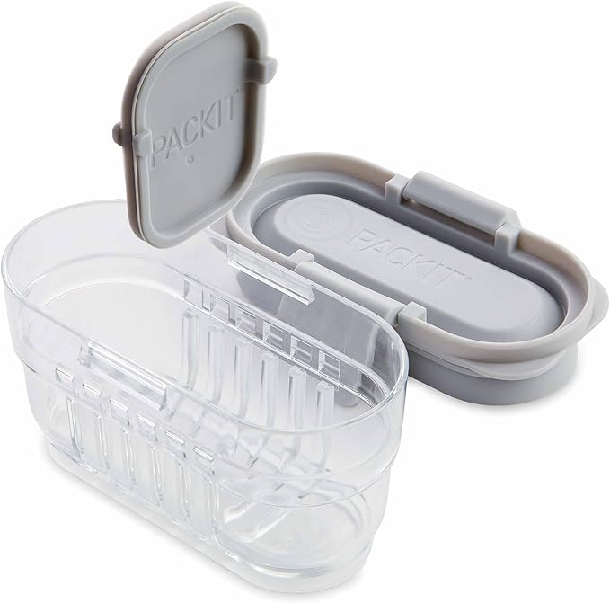 PackIt Mod Mini Bento Food Storage Container, Steel Gray, Shatterproof Crystal Clear Base, with Leak-resistant Divider and Lid, Microwavable, Dishwasher Safe, Designed for Snacks, 1 Cup Capacity