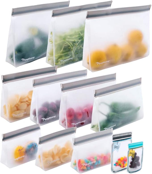12 Stand Up Extra Thick Leakproof Reusable Food Bags - Reusable Freezer & Storage Bags