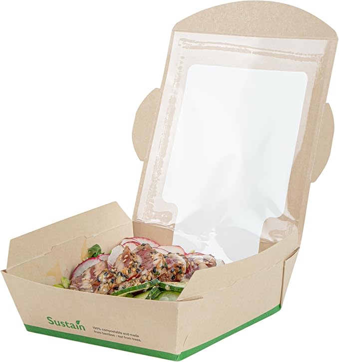 Restaurantware-Sustain 26 Ounce Sturdy Paper Take Out Boxes, 50 Disposable Take Out Food Containers - With PLA lining, Clear PLA Window, Bamboo Paper Containers, Compostable, Tab-Lock Design
